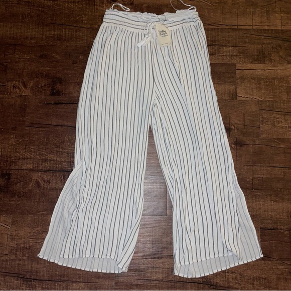 Striped Wide-Leg Linen Pants in White with Black Stripes NWT - Picture 1 of 5